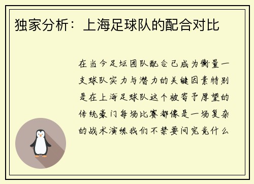 独家分析：上海足球队的配合对比