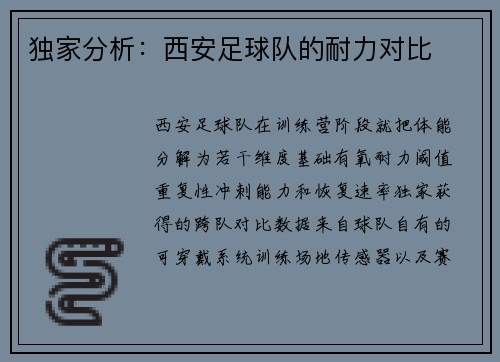 独家分析：西安足球队的耐力对比