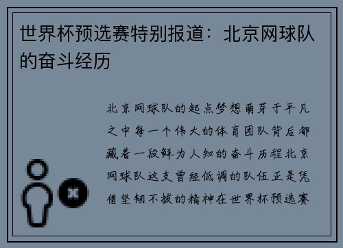 世界杯预选赛特别报道：北京网球队的奋斗经历